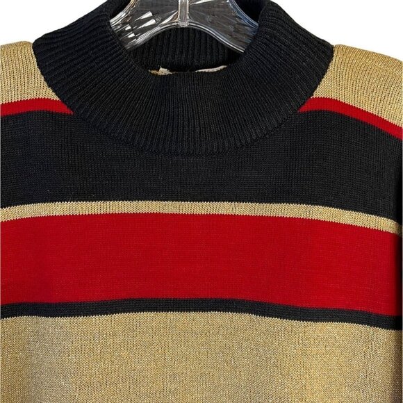 LISE J Women's Mock Neck Size L Red, Black & Gold Glitter Striped Sweater - Picture 3 of 4